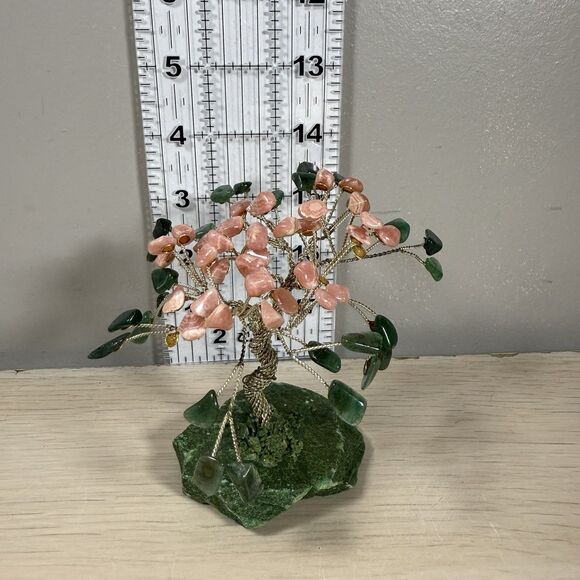 Tree of Life Aventurine & Pink Agate Gemstone Crystal Decor on Green Base - Picture 2 of 5